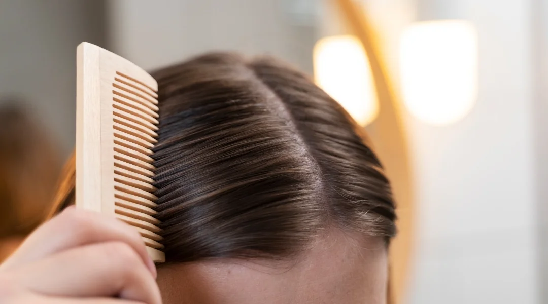 A woman combs her hair with a wooden comb, focusing on her reflection in a mirror.