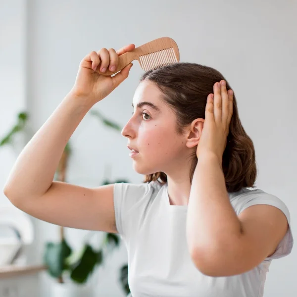 Une femme se peigne les cheveux avec un peigne.
