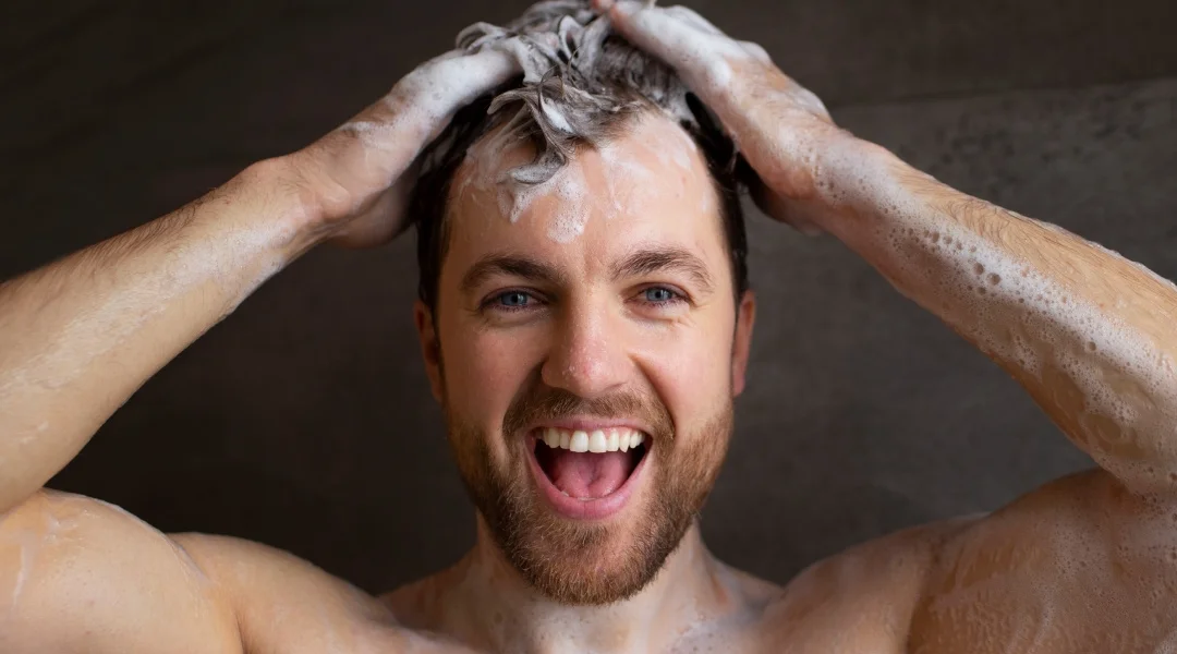 A man is washing his hair with soap, standing in a shower with water cascading down.